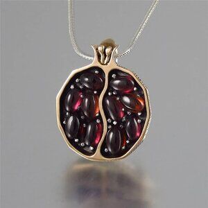 Gold Pomegranate Pendant‎ Necklace Garnet Gemstone Fruit Jewelry Gift